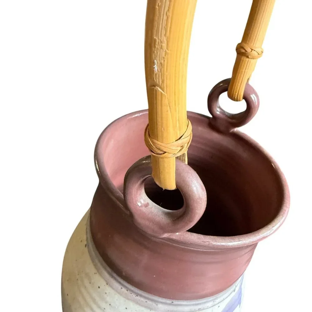 Handmade Studio Pottery Vase w/‎ Bamboo Handle Purple Gray Green Vessel Abstract